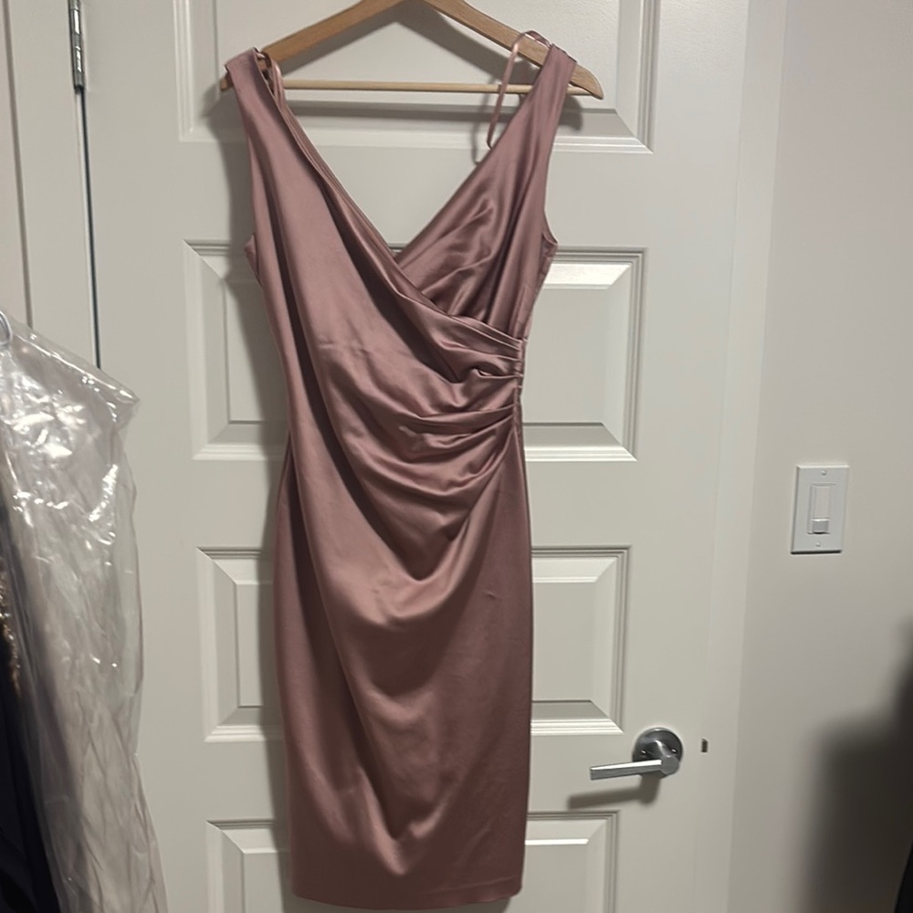 Le Chateau Pink Asymmetrical Ruched Midi Dress